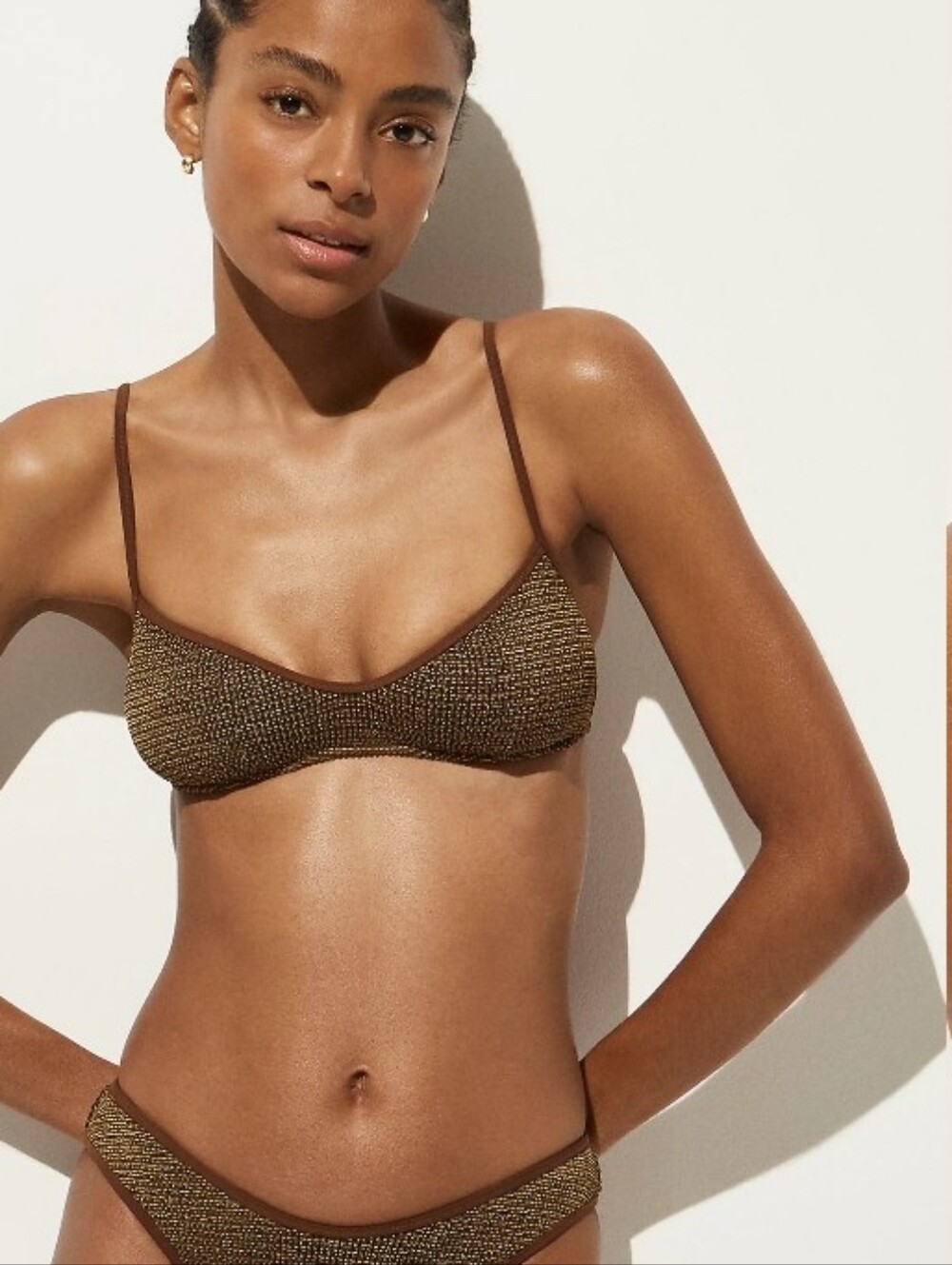 J Crew Odessa Bikini Swim Top Dark Twig Metallic Scrunchie Knit S